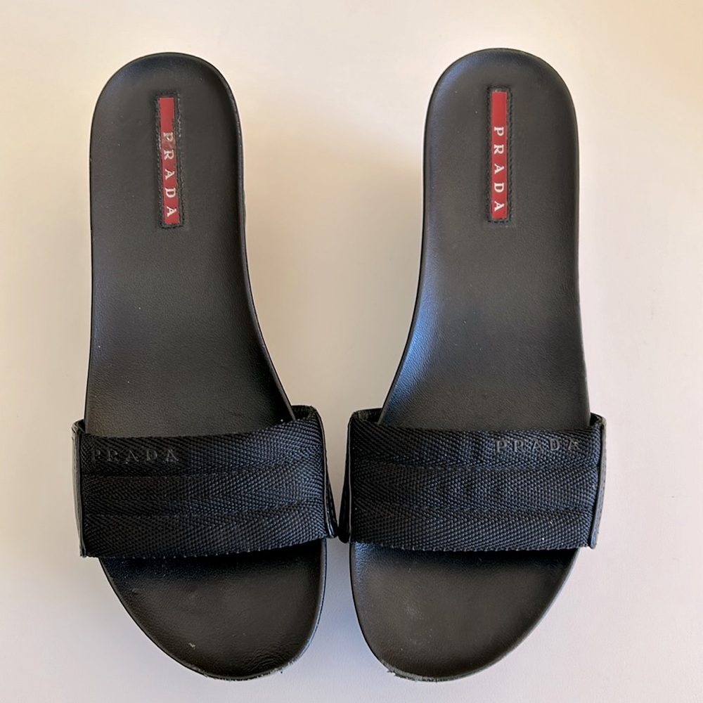 Prada Sport Peep-Toe Nylon Leather Wedge Sandals
Size: IT 36.5/US 6.5